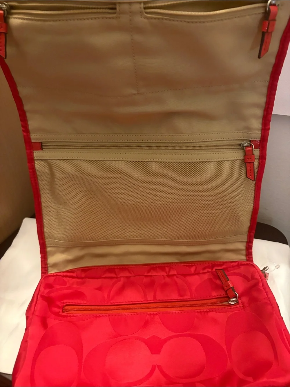 Coach Red Signature Nylon Foldover Cosmetic Case with Hook